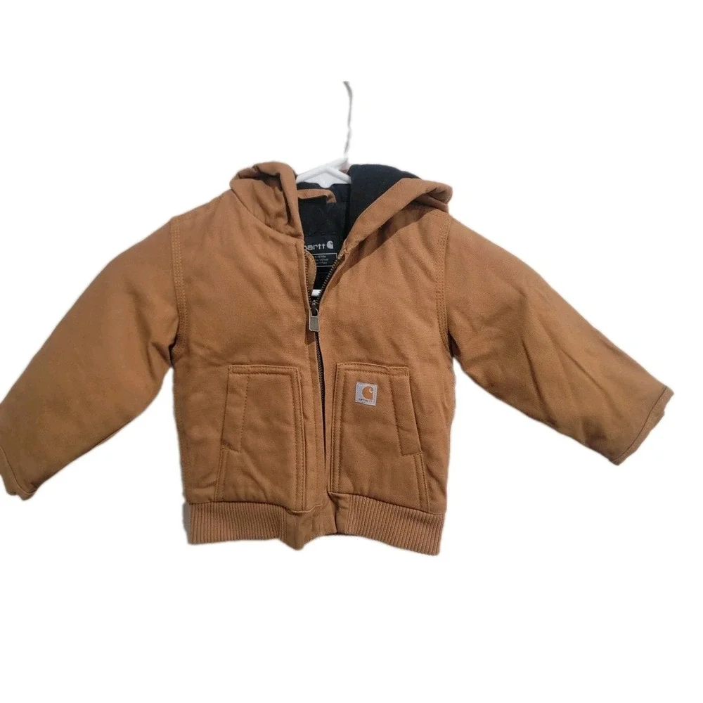 Carhartt Active Jacket Kids 12M Brown Excellent Quilted‎ Lined Canvas Hooded